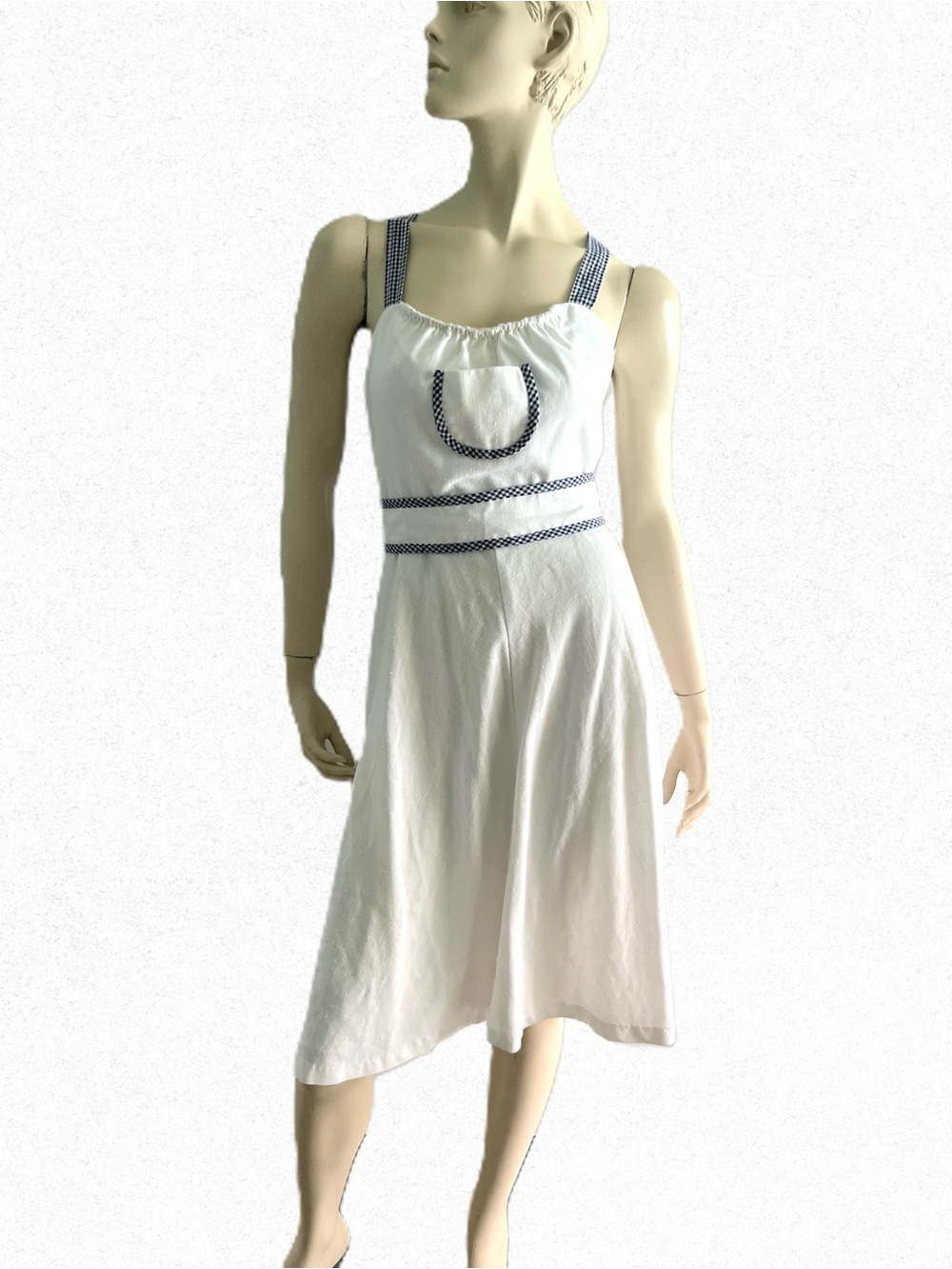 1960s White Linen Sundress with Crisscross Blue Gingham Straps and Detached Belt